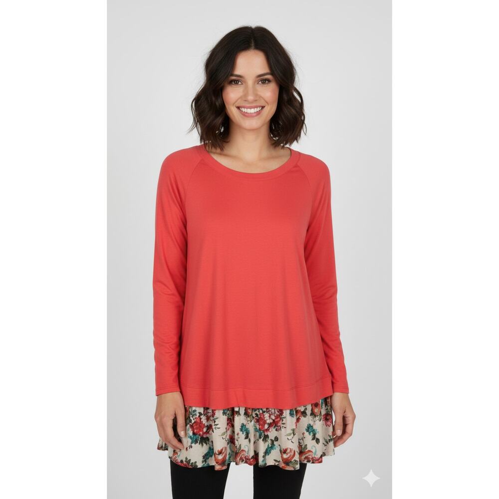 Red Lolly Floral Hem Long Sleeve Shirt Tunic Womens Large Bright Coral New